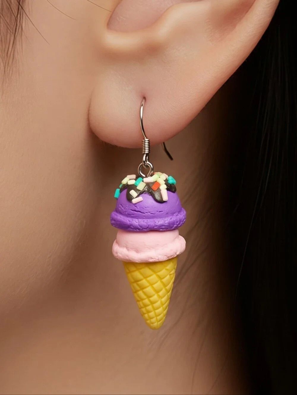 Ice Cream Cone Dangle Earrings Double Scoop Sprinkle Food Jewelry Kawaii Cute
